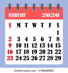 Letter calendar for February 2020. The week begins on Sunday. Time, planning and schedule concept. Flat design. Removable calendar for the month. Vector illustration