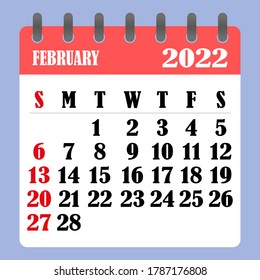 Letter calendar for February 2022. The week begins on Sunday. Time, planning and schedule concept. Flat design. Removable calendar for the month. Vector illustration