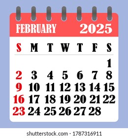 Letter calendar for February 2025. The week begins on Sunday. Time, planning and schedule concept. Flat design. Removable calendar for the month. Vector illustration