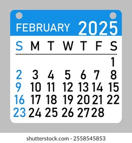 Letter calendar for February 2025. The week begins on Sunday, with concepts of time, planning, and scheduling, along with a removable calendar for the month. Flat design. 