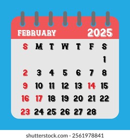 Letter calendar for February 2025. The week begins on Sunday. Time, planning and schedule holidays and observances concept.