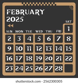 Letter calendar for February 2025. The week begins on Sunday. Time, planning and schedule concept. Flat design. Removable calendar for the month. Vector illustration