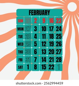 Letter calendar for February 2025. The week begins on Sunday. Time, planning and schedule concept. Flat design. Removable calendar for the month. Vector illustration
