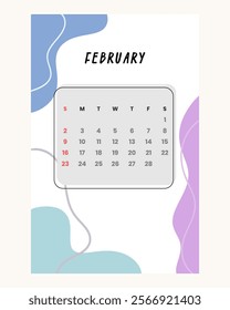 Letter calendar for February 2025. The week begins on Sunday. Time, planning and schedule concept. Flat design. Removable calendar for the month