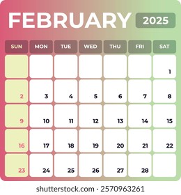 Letter calendar for February 2025. The week begins on Sunday. Time, planning and schedule concept. Flat gradient design. Removable calendar for the month. Vector illustration