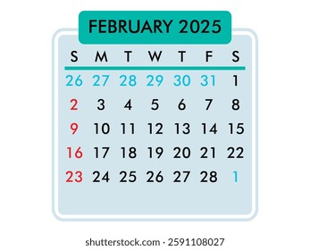 Letter calendar for February 2025. The week begins on Sunday. Time, planning and schedule concept. Flat design. Removable calendar for the month. Vector illustration