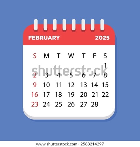 Letter calendar for February 2025. The week begins on Sunday. Time, planning and schedule concept. Flat design. Removable calendar for the month.