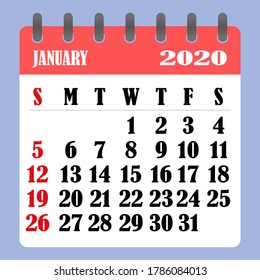 Letter calendar for January 2020. The week begins on Sunday. Time, planning and schedule concept. Flat design. Removable calendar for the month. Vector illustration