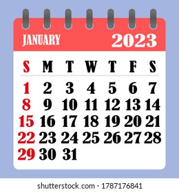 Letter calendar for January 2023. The week begins on Sunday. Time, planning and schedule concept. Flat design. Removable calendar for the month. Vector illustration