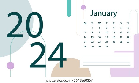Letter calendar for January 2024. The week begins on Sunday. Time, planning and schedule concept. Flat design. Removable calendar for the month. Vector illustration
