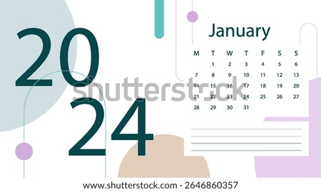 Letter calendar for January 2024. The week begins on Sunday. Time, planning and schedule concept. Flat design. Removable calendar for the month. Vector illustration