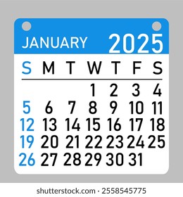 Letter calendar for January 2025. The week begins on Sunday, with concepts of time, planning, and scheduling, along with a removable calendar for the month. Flat design. 