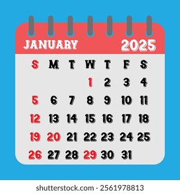 Letter calendar for January 2025. The week begins on Sunday. Time, planning and schedule holidays and observances concept