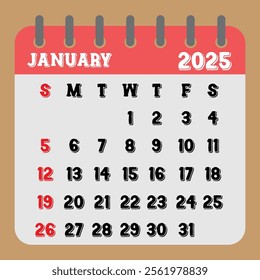 Letter calendar for January 2025. The week begins on Sunday. Time, planning and schedule concept. Flat design. Removable calendar for the month. Vector illustration
