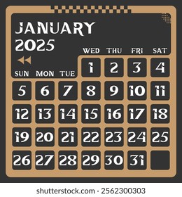 Letter calendar for January 2025. The week begins on Sunday. Time, planning and schedule concept. Flat design. Removable calendar for the month. Vector illustration