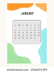 Letter calendar for January 2025. The week begins on Sunday. Time, planning and schedule concept. Flat design. Removable calendar for the month