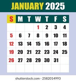 Letter calendar for January 2025. The week begins on Sunday. Time, planning and schedule concept. Flat design. Removable calendar for the month. Vector illustration