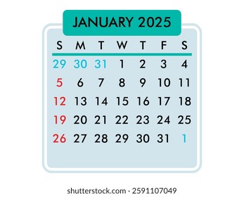 Letter calendar for January 2025. The week begins on Sunday. Time, planning and schedule concept. Flat design. Removable calendar for the month. Vector illustration