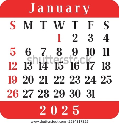 Letter calendar for January 2025. The week begins on Sunday. Time, planning and schedule concept. Flat design. Removable calendar for the month. Vector illustration