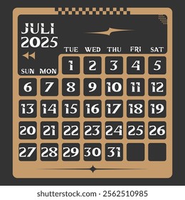 Letter calendar for Juli 2025. The week begins on Sunday. Time, planning and schedule concept. Flat design. Removable calendar for the month. Vector illustration
