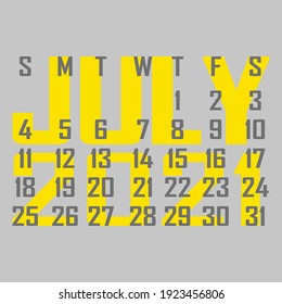 Letter calendar for July 2021. The week begins on Sunday. Time, planning and schedule concept. Flat design. Removable calendar for the month. Vector illustration