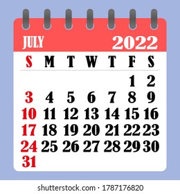 Letter calendar for July 2022. The week begins on Sunday. Time, planning and schedule concept. Flat design. Removable calendar for the month. Vector illustration