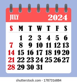 Letter calendar for July 2024. The week begins on Sunday. Time, planning and schedule concept. Flat design. Removable calendar for the month. Vector illustration