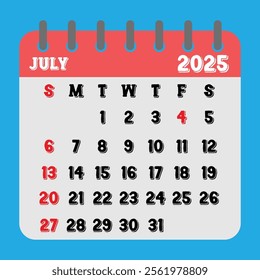 Letter calendar for July 2025. The week begins on Sunday. Time, planning, schedule holidays and observances concept 