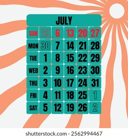 Letter calendar for July 2025. The week begins on Sunday. Time, planning and schedule concept. Flat design. Removable calendar for the month. Vector illustration
