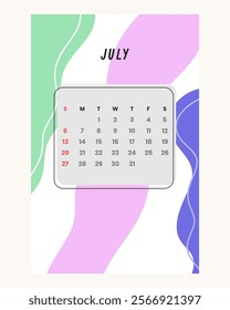 Letter calendar for July 2025. The week begins on Sunday. Time, planning and schedule concept. Flat design. Removable calendar for the month