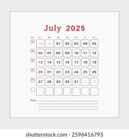 Letter calendar for July 2025. The week begins on Sunday. Time, planning, schedule concept, and includes notes. Flat design. Removable calendar for the month. Vector illustration.