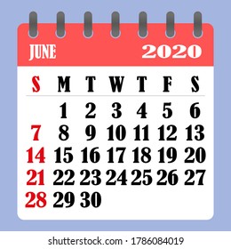 Letter calendar for June 2020. The week begins on Sunday. Time, planning and schedule concept. Flat design. Removable calendar for the month. Vector illustration