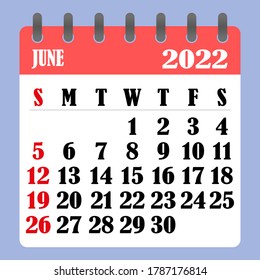 Letter calendar for June 2022. The week begins on Sunday. Time, planning and schedule concept. Flat design. Removable calendar for the month. Vector illustration
