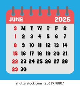 Letter calendar for June 2025. The week begins on Sunday. Time, planning and schedule concept. Flat design. Removable calendar for the month. Vector illustration