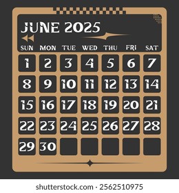 Letter calendar for June 2025. The week begins on Sunday. Time, planning and schedule concept. Flat design. Removable calendar for the month. Vector illustration