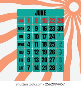 Letter calendar for june 2025. The week begins on Sunday. Time, planning and schedule concept. Flat design. Removable calendar for the month. Vector illustration
