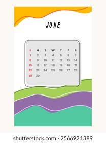 Letter calendar for June 2025. The week begins on Sunday. Time, planning and schedule concept. Flat design. Removable calendar for the month