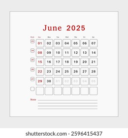 Letter calendar for June 2025. The week begins on Sunday. Time, planning, schedule concept, and includes notes. Flat design. Removable calendar for the month. Vector illustration.