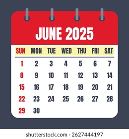 Letter calendar for June 2025. The week begins on Sunday. Time, planning and schedule concept. Removable calendar for the month