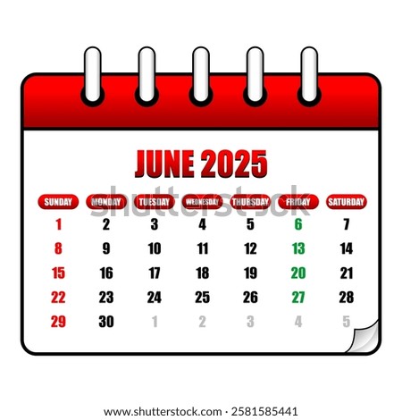 Letter calendar for June 2025. The week begins on Sunday. Time, planning and schedule concept. Flat design. Removable calendar for the month. Vector illustration