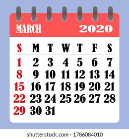 Letter calendar for March 2020. The week begins on Sunday. Time, planning and schedule concept. Flat design. Removable calendar for the month. Vector illustration