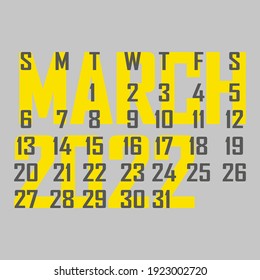 Letter calendar for March 2022. The week begins on Sunday. Time, planning and schedule concept. Flat design. Removable calendar for the month. Vector illustration