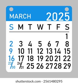 Letter calendar for march 2025. The week begins on Sunday, with concepts of time, planning, and scheduling, along with a removable calendar for the month. Flat design.	