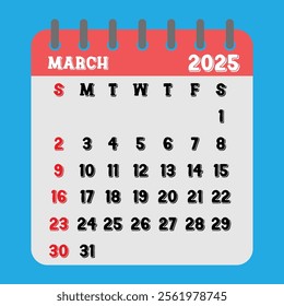 Letter calendar for March 2025. The week begins on Sunday. Time, planning and schedule concept. Flat design. Removable calendar for the month. Vector illustration
