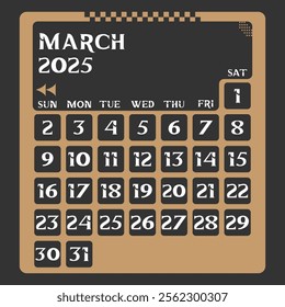 Letter calendar for March 2025. The week begins on Sunday. Time, planning and schedule concept. Flat design. Removable calendar for the month. Vector illustration