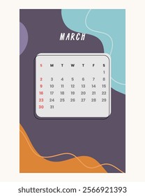 Letter calendar for March 2025. The week begins on Sunday. Time, planning and schedule concept. Flat design. Removable calendar for the month