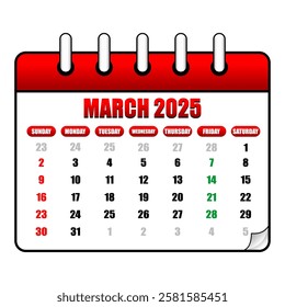 Letter calendar for march 2025. The week begins on Sunday. Time, planning and schedule concept. Flat design. Removable calendar for the month. Vector illustration