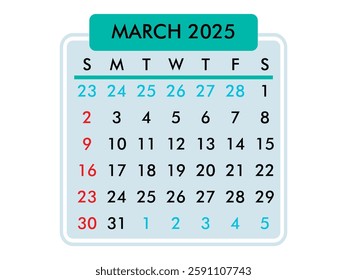 Letter calendar for March 2025. The week begins on Sunday. Time, planning and schedule concept. Flat design. Removable calendar for the month. Vector illustration