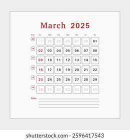 Letter calendar for march 2025. The week begins on Sunday. Time, planning, schedule concept, and includes notes. Flat design. Removable calendar for the month. Vector illustration.