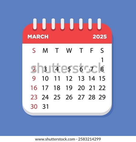 Letter calendar for March 2025. The week begins on Sunday. Time, planning and schedule concept. Flat design. Removable calendar for the month.